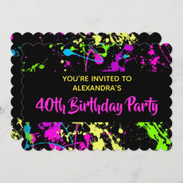 1980年代カラフル絵を描(ばちゃばちゃ)跳ねる40歳の誕生日パーティー 招待状