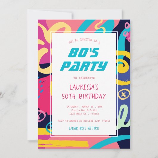 1980年代ブライトレトロドードルズ誕生日パーティー 招待状 (正面)