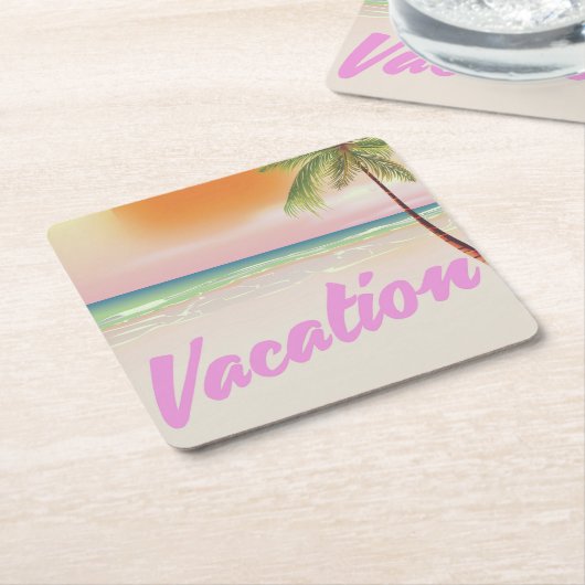 1980年代ヴィンテージ休暇ビーチポスター スクエアペーパーコースター (アングル)