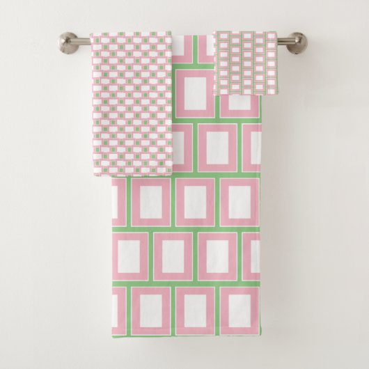 1980s名門私立校風のピンクの白い緑の幾何学的パターン バスタオルセット (インサイチュ)