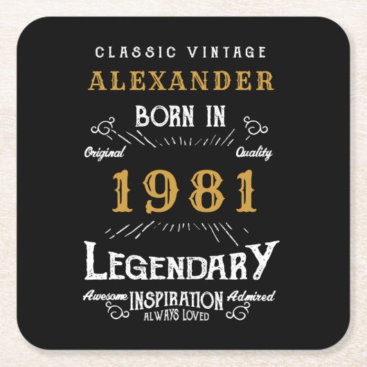 1981パーソナライズされた年の40歳生まれのヴィンテージブラック スクエアペーパーコースター (正面)