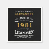 1981パーソナライズされた年の40歳生まれのヴィンテージブラック スタンダードカクテルナプキン (正面)