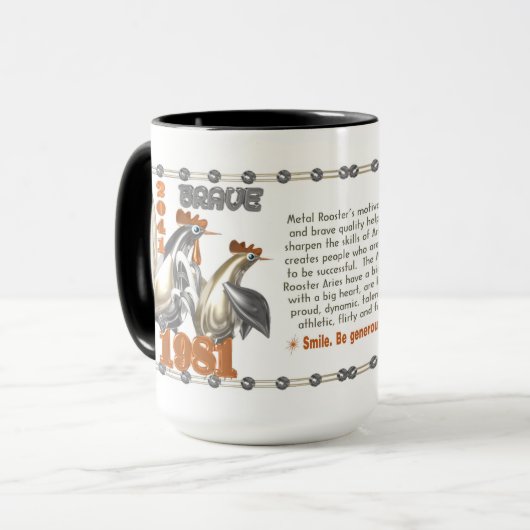 1981人の1921人の中国人の(占星術の)十二宮図の金属のオンドリの生まれる牡羊座 マグカップ (正面左)
