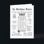 1981年あなたが生まれ誕生日カード サンキューカード<br><div class="desc">1981年の誕生日カードでタイムスリップ！歴史的な瞬間とスリリングな事実にあふれ、特別な日に合わせて仕立て上げている。この誕生日カードは、その間の人生の洞察とスナップショットを溢れている。ブレイクダンス、ソ連の崩壊、エイズの出現といった注目すべきイベントから、一般的な赤ん坊の名前やパソコン、コンパクトディスク、人工ハートといった画期的な発明など、あまり知られていないが重要な詳細まで、このカードは1980年代の歴史の宝庫である。平均的な収入、レザージャケット、大きな髪、パーマなどのファッショナブルなトレンド、当時のスラングやパンやガソリンなどの日常雑貨の典型的な費用など、さまざまな側面を探索する。1980年代の生活を楽しむことができる過去への没入型の旅で、1981年の誕生日カードの中に独身のある。誕生日カードの中：私たちは時間に旅を取る、そう甘い、戻る時間に旅行し、思い出を持っては、最後に思い出でいっぱいの保年、世界のイベントから過ぎた傾向まで。ハッピーバースデー!</div>