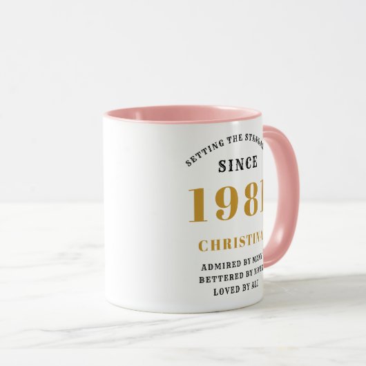 1981年の40歳の誕生日ピンクの金ゴールドレディパーソナライズされたズ マグカップ (正面右)