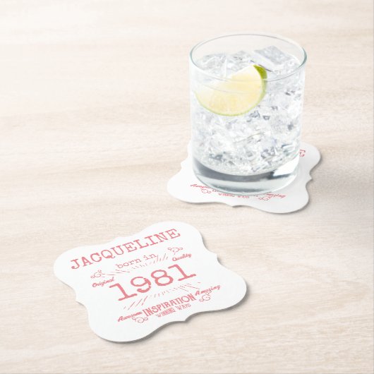 1981年パーソナライズされたの40歳の誕生日ピンク白エレガント ペーパーコースター (インサイチュ)