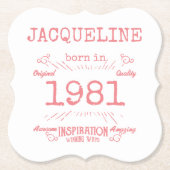 1981年パーソナライズされたの40歳の誕生日ピンク白エレガント ペーパーコースター (正面)