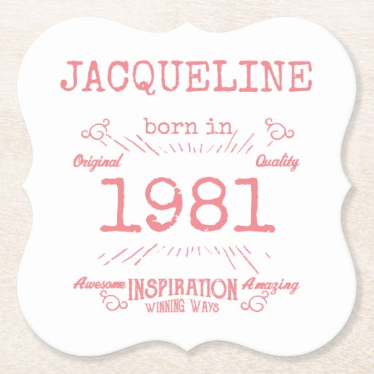 1981年パーソナライズされたの40歳の誕生日ピンク白エレガント ペーパーコースター (正面)