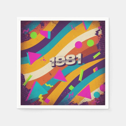 1981 - レトロ ヴィンテージ 80年代 ネオン 幾何学模様 - スタンダードカクテルナプキン (正面)