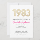 1983ホットピンクホワイト金ゴールド40th誕生日招待状 招待状 (正面)