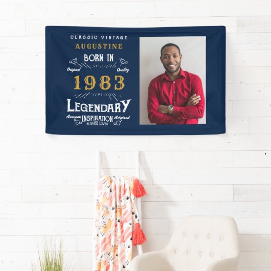 1983年の生まれ40歳誕生日ブルー金ゴールド写真 横断幕 (インサイチュ)