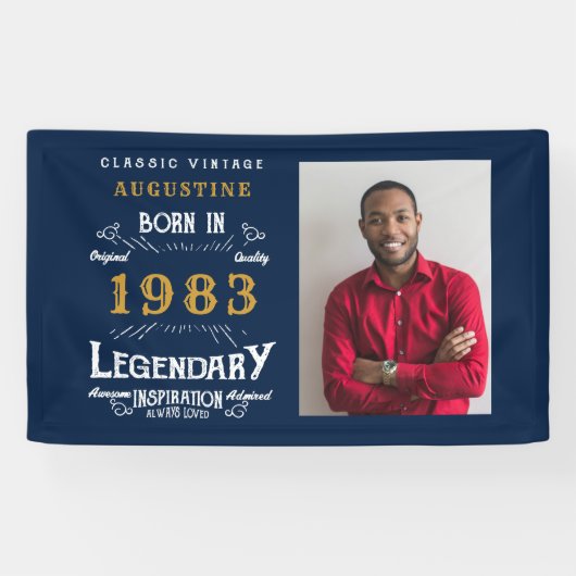 1983年の生まれ40歳誕生日ブルー金ゴールド写真 横断幕 (横)