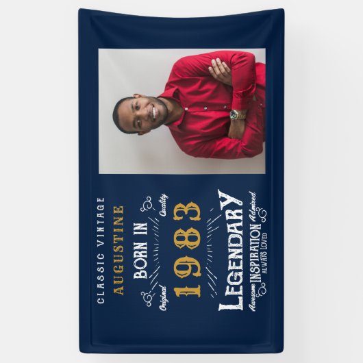 1983年の生まれ40歳誕生日ブルー金ゴールド写真 横断幕 (縦)