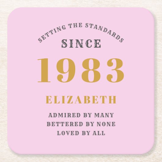 1983年40歳生まれ生誕祭名Pink Grayを追加 スクエアペーパーコースター (正面)