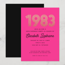 1983年 ホットピンク ブラック ゴールド 40歳の誕生日 記念 招待状