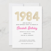 1984ホットピンクホワイト金ゴールド40th誕生日招待状 招待状 (正面)