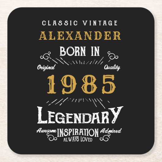 1985パーソナライズされた年生誕生まれ生日ヴィンテージ黒 スクエアペーパーコースター (正面)