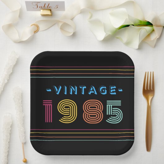 1985ヴィンテージレトロストライプネオンブライト ペーパープレート (ウェディング)