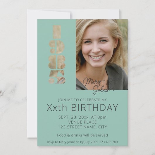 1985年の40歳生まれの誕生日写真ティール（緑がかった色）青 招待状 (正面)