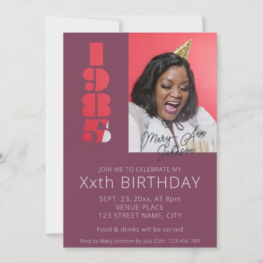 1985年パープル生まれで40歳の誕生日の写真 招待状 (正面)