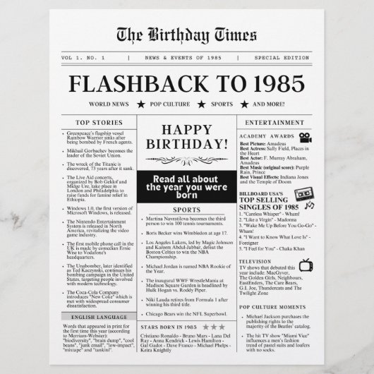 1985年誕生の模造新聞 白黒 (正面)