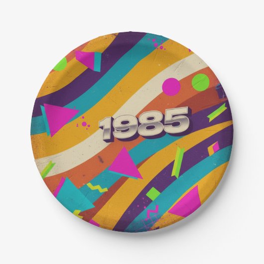 1985 - レトロ ヴィンテージ 80年代 ネオン 幾何学模様 - ペーパープレート (正面)