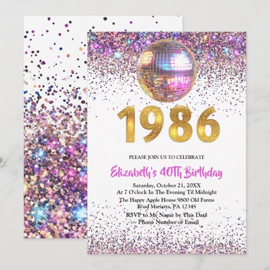 1986年トレンディーな輝きディスコ40歳の誕生日 招待状 (正面/裏面)