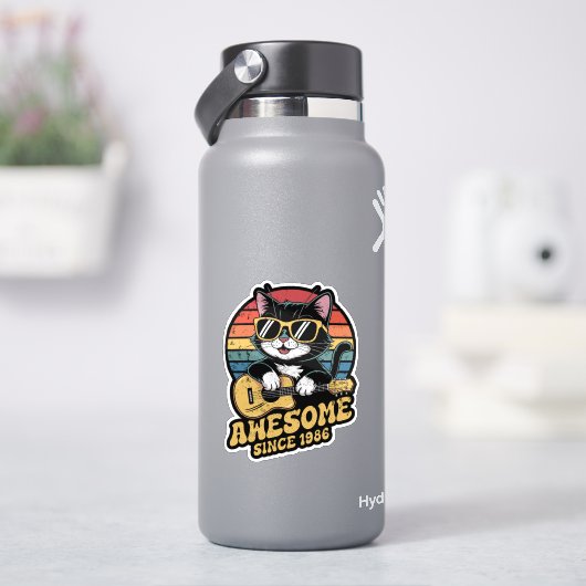 1986年生まれのレトロ猫好きウクレレ 40歳の誕生日 シール (HydroFlask)