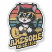 1986年生まれのレトロ猫好きウクレレ 40歳の誕生日 シール (正面)