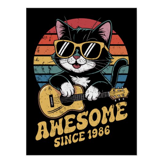 1986年生まれの猫好きのためのレトロウクレレ 40歳の誕生日 ポスター (正面)