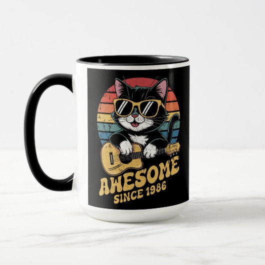 1986年 誕生日 レトロ 猫好き ウクレレ 40歳の誕生日 マグカップ (左)