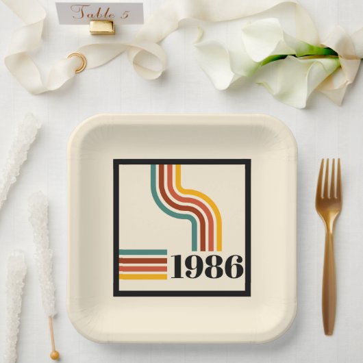 1986年 40歳の誕生日 レトロ ストライプ柄 ペーパープレート (ウェディング)