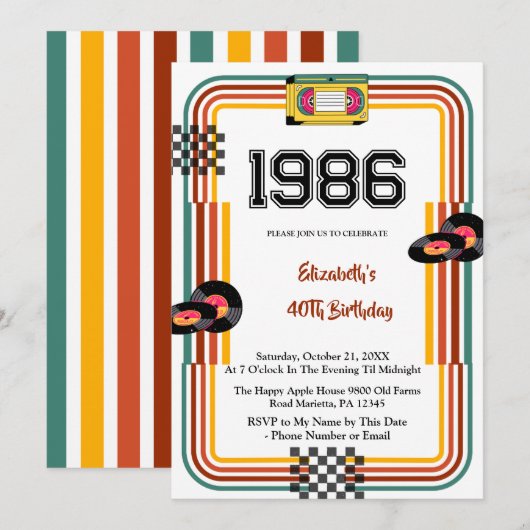 1986 レトロ ビンテージ カセット ディスコ 40歳の誕生日 招待状 (正面/裏面)