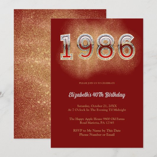 1986 レトロ ヴィンテージ 40歳の誕生日 赤いラメ パーティー 招待状 (正面/裏面)
