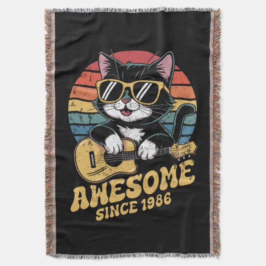 1986 Birthday Retro Cat Lover Ukulele 40th Bday スローブランケット (正面縦)