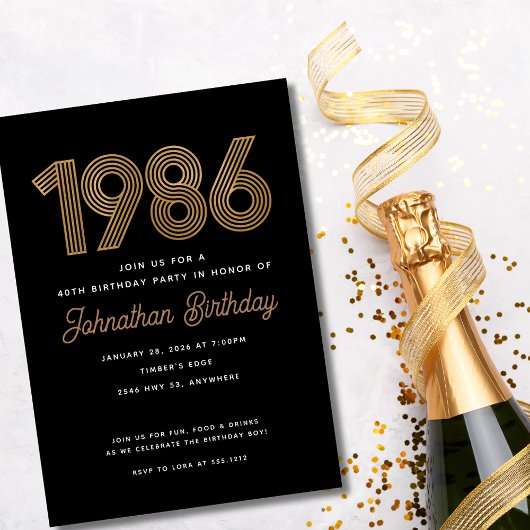 1986 Black and Faux Gold 40th Birthday Invitation 招待状