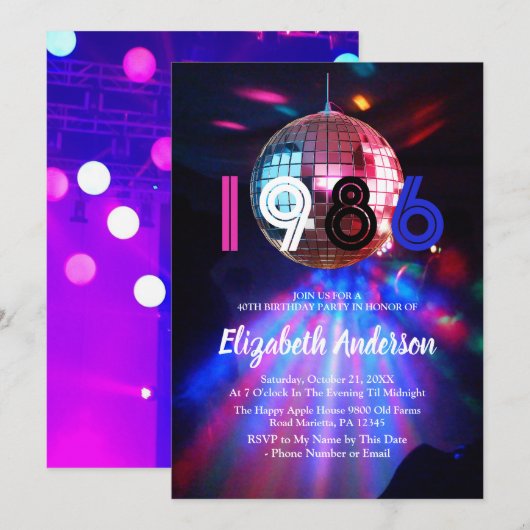 1986 Disco Ball 40th Birthday Party Invitation 招待状 (正面/裏面)