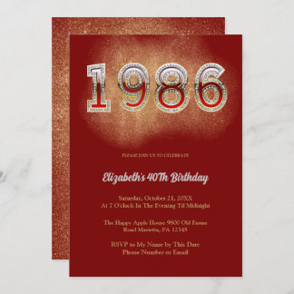 1986 Retro Vintage 40th Birthday Red Glitter Party 招待状
