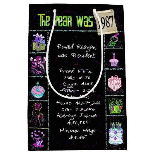 1987誕生日トリビアおもしろいファクト中抱き枕 ミディアムペーパーバッグ (正面)