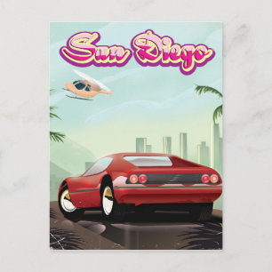 1988年 サンディエゴの赤いスポーツカーの旅行ポスター ポストカード