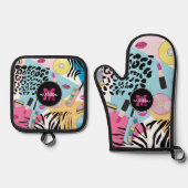 1990カラフル年90年代の模様モノグラム 鍋つかみ&鍋敷きセット (正面)