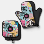 1990カラフル年90年代の模様モノグラム 鍋つかみ&鍋敷きセット (正面/裏面)