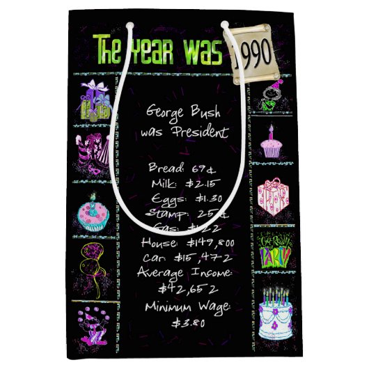 1990年生まれの楽しい雑学クイズ 黒 ミディアムペーパーバッグ (正面)