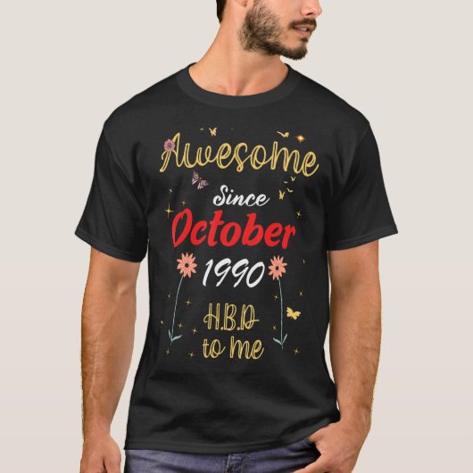 1990素晴らし年10月誕生日かわいい花1 Tシャツ (正面)