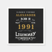 1991パーソナライズされた年30歳生まれヴィンテージ黒 スタンダードカクテルナプキン (正面)