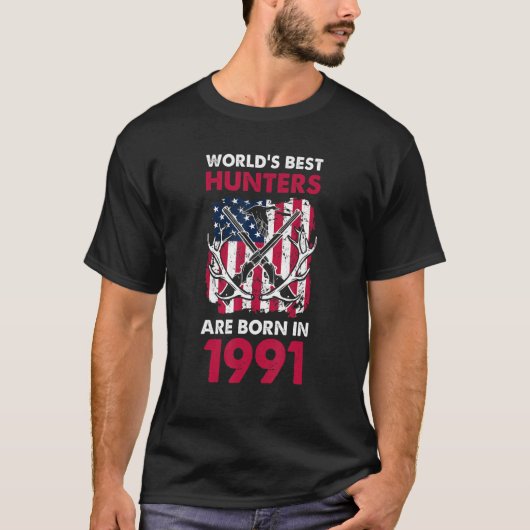 1991最高の年にハンター生まれズの鹿の狩りアメリカンFl Tシャツ (正面)