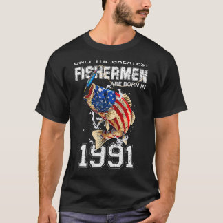 1991生まれ年魚釣り米国国旗31日Biに漁師 Tシャツ