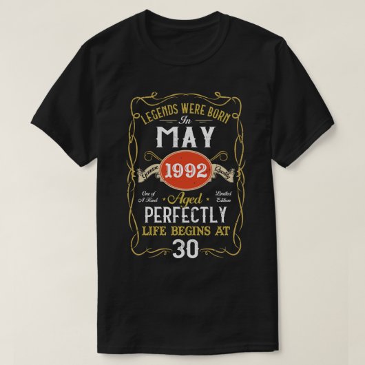 1992生まれ年5月の伝説30歳の誕生日30歳 Tシャツ (デザイン正面)