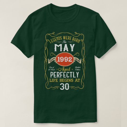 1992生まれ年5月の伝説30歳の誕生日30歳 Tシャツ (デザイン正面)