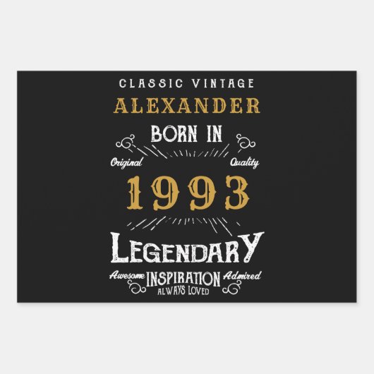 1993パーソナライズされた年生誕生まれ生日ヴィンテージ黒 ラッピングペーパーシート (正面3)